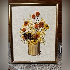 Vtg Floral Butterfl 3D Crewel Flower Bouquet Vase  70s Handmade
